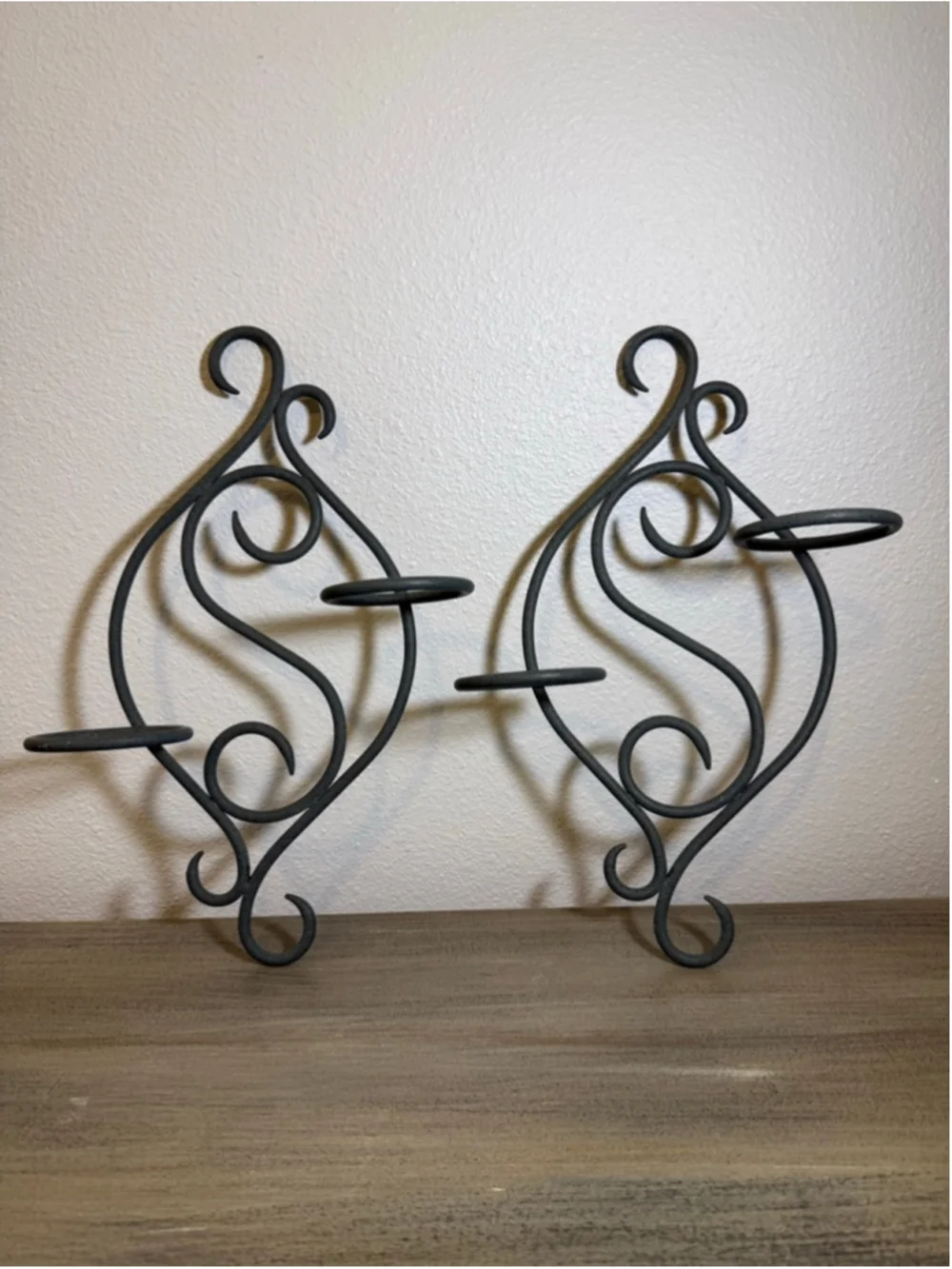 set of two scrollwork metal wall sconces approx 13x9”